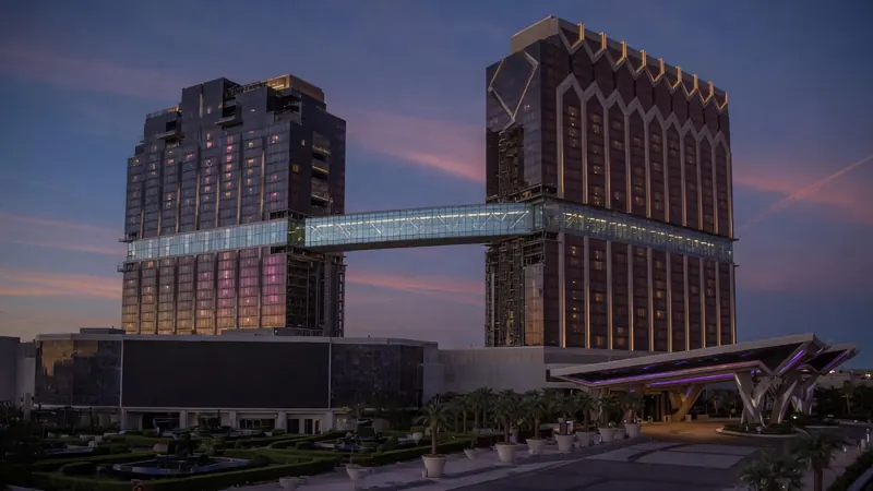 Two connected high-rise hotel towers with a glass skybridge at dusk.