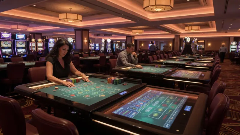 A woman in black top plays electronic roulette at a casino table while a man in gray shirt sits at another table nearby.