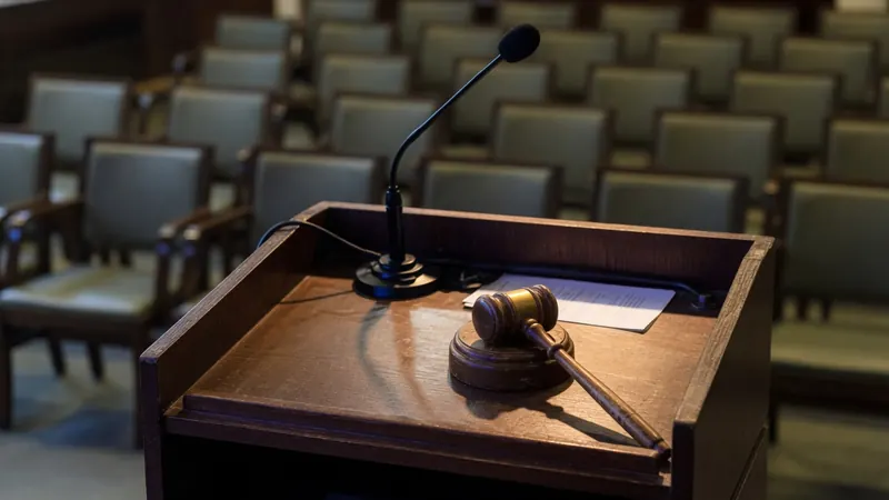 A wooden courtroom lectern with a gavel on its stand and a microphone, set against rows of empty audience seats.