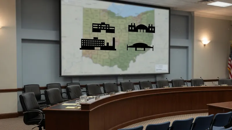 Conference room with a large curved wooden desk, black leather chairs, and a projector screen displaying a map of Ohio with building icons.