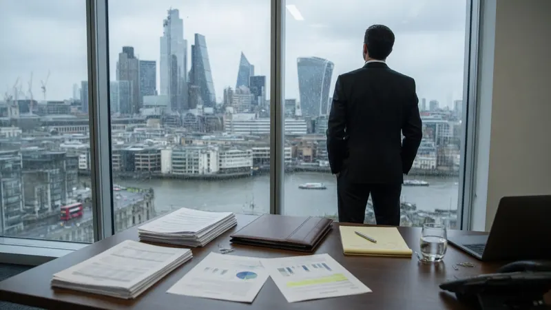 A man in a suit stands with his back to the camera.