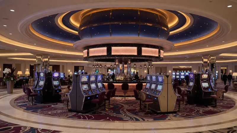 Luxurious casino interior featuring rows of illuminated slot machines arranged around a central circular bar under an ornate starry ceiling.